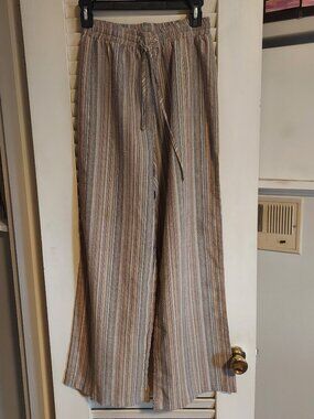 Striped Wide Leg Pants Elastic Waist Drawstring Neutral Boho Size Large